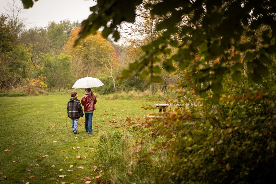 Zwei Kinder im Wald mit einem Regenschirm