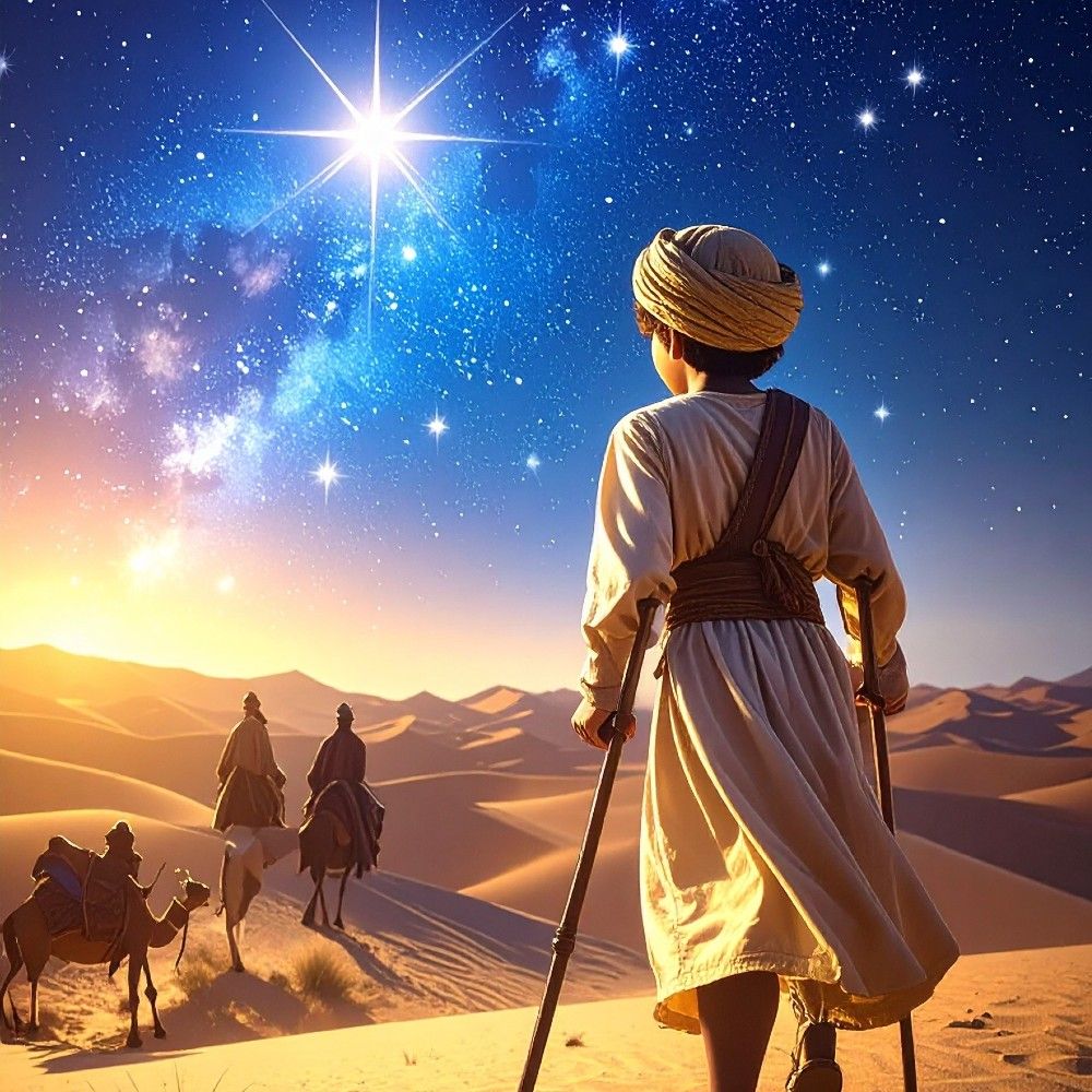 Het jongetje Amahl  kijkt naar de woestijn en ziet daar drie personen op kamelen weggaan. Het tafereel is in de avond met een donderblauwe lucht met sterren.