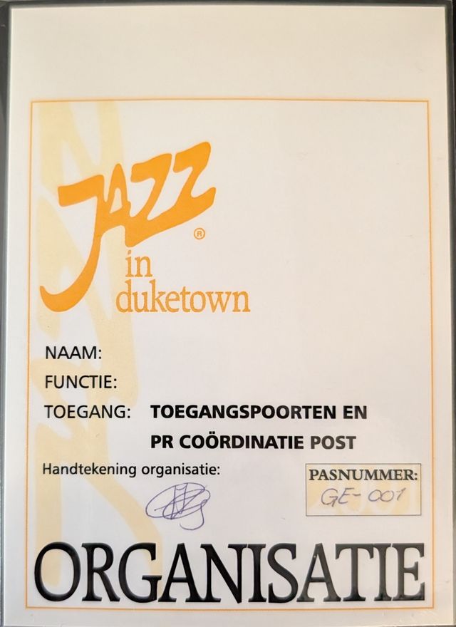 Oude toegangspas Jazz in Duketown voor vrijwilligers