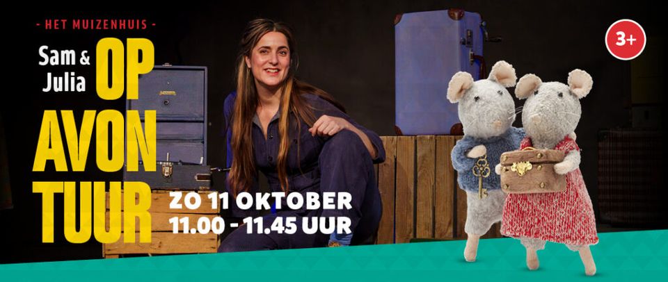 Theatervoorstelling Sam & Julia – Op Avontuur bij Het Muizenhuis, met een actrice en de muizen Sam en Julia tussen koffers en houten kisten, voor kinderen vanaf 3 jaar.