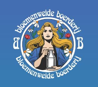 Bloemenweide Boerderij in Montfoort, Groene Hart, illustratief logo met vrouw met melkkan en bloemen als symbool voor duurzame landbouw en streekproducten.