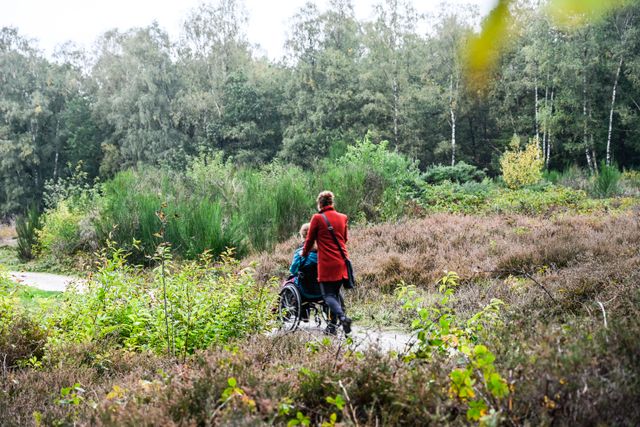 Eén persoon in rolstoel en één persoon die de rolstoel duwt door een paarse heide.