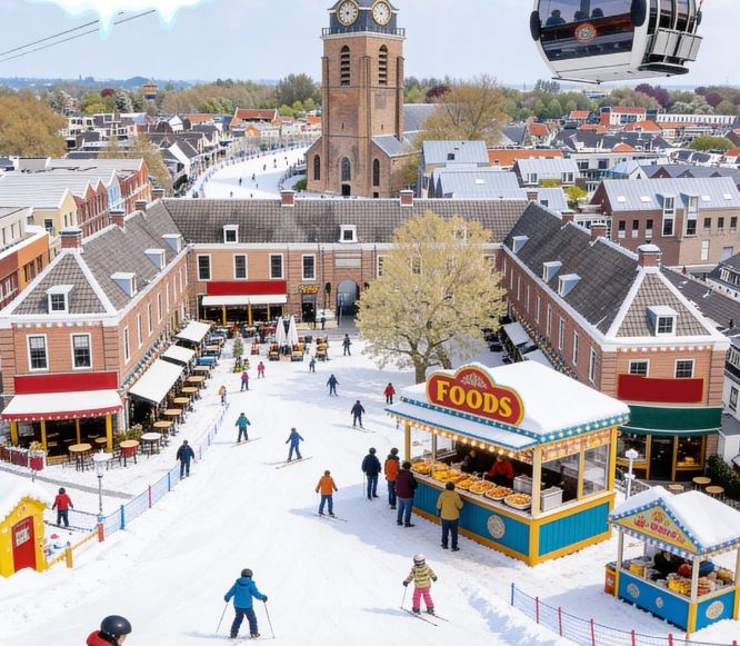 Evenement après-ski foodfestival, Winters Woerden, Groene Hart, winterse sfeer met kunstsneeuw, skiënde bezoekers en foodkramen op het Kerkplein met zicht op de Petruskerk.