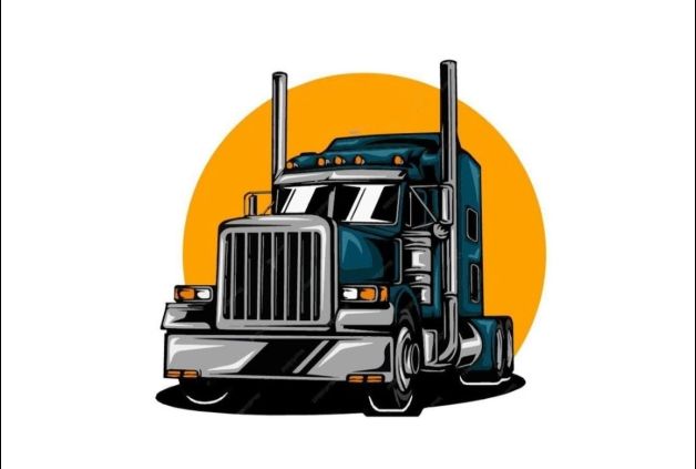 Logo van Stichting Truckrun Groene Hart met een gestileerde blauwe Amerikaanse vrachtwagen voor een oranje cirkel op een witte achtergrond, symbool voor een truckrun en evenement met vrachtwagens in het Groene Hart.