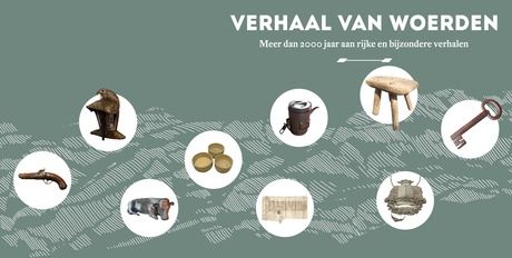 Afbeelding met historische objecten zoals een sleutel, krukje, helm en munten ter illustratie van het Verhaal van Woerden, met meer dan 2000 jaar geschiedenis.