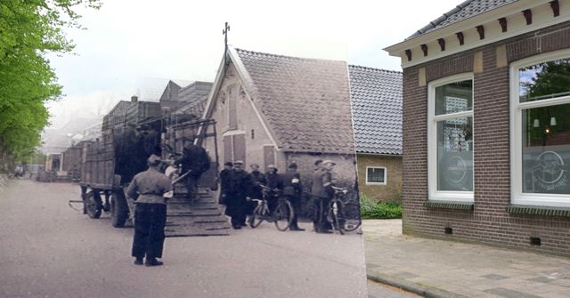 Het huidige situatie en een oude foto van de bevrijding in 1945 met het oppakken van NSB'ers