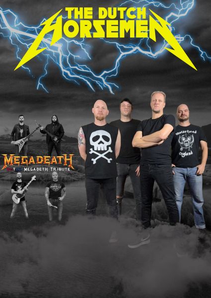 Poster met de groepsfoto van de Dutch housemen en links de foto's van de leden van Megadeath