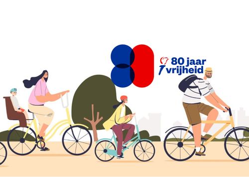 Tekening fietsers en logo 80 jaar vrijheid