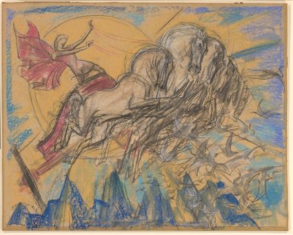 Expressieve tekening van een figuur met vleugels die een groot, fantasieachtig dier berijdt, weergegeven in losse lijnen en zachte kleuren, met een dynamische compositie die beweging en strijd suggereert.