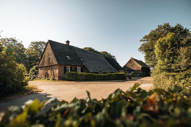 Ein Bauernhof mit Reetdach in einem Dorf, umgeben von Grün.
