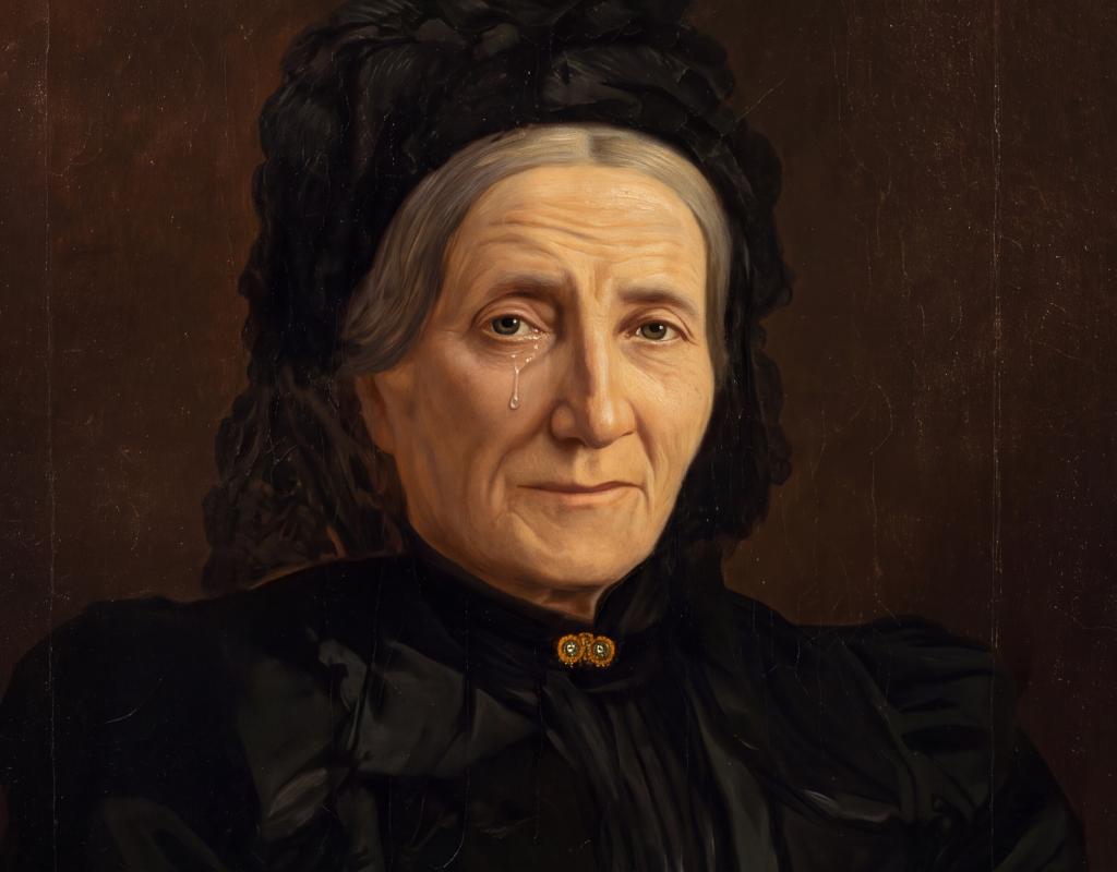 Close-up geschilderd portret van een oude vrouw met een traan over haar wang