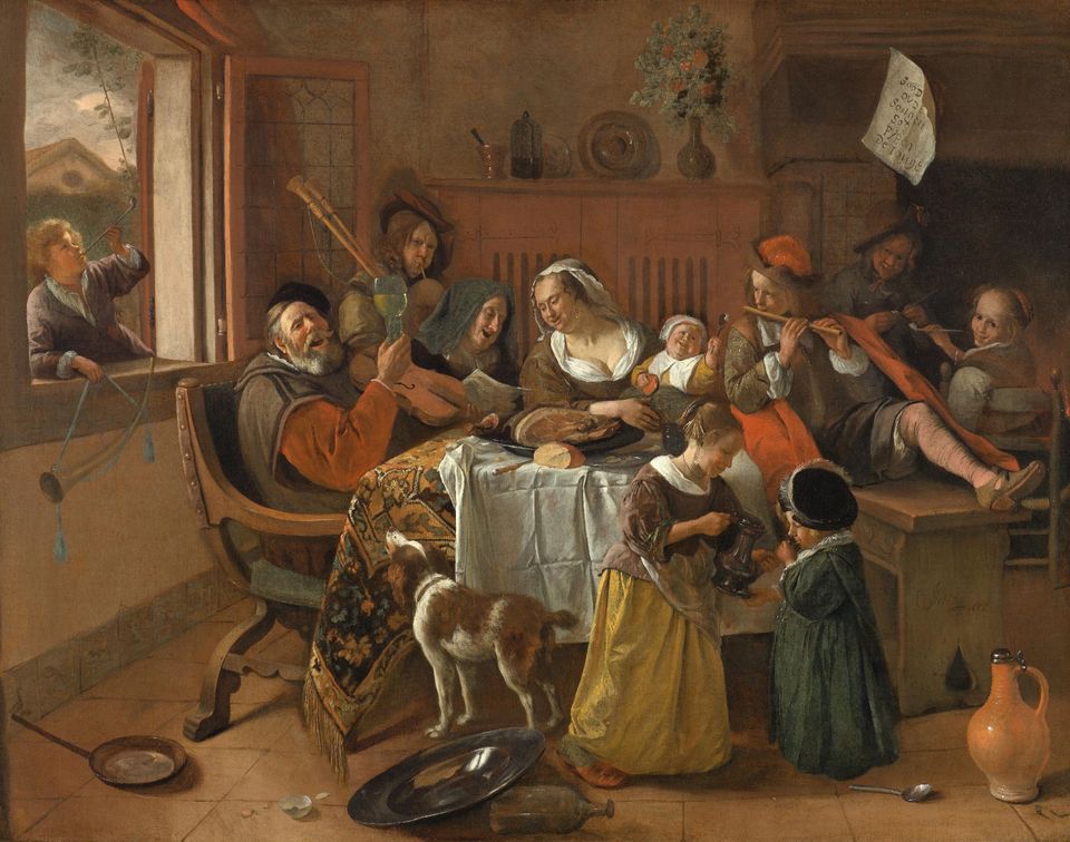Afbeelding van het schilderij 'Het Vrolijke Huisgezin' van Jan Steen, uit 1668.