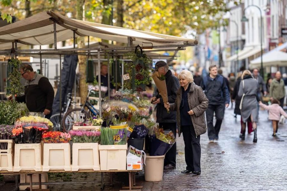 Kraampje met zomerse bloemen op de bloemenmarkt in Delft