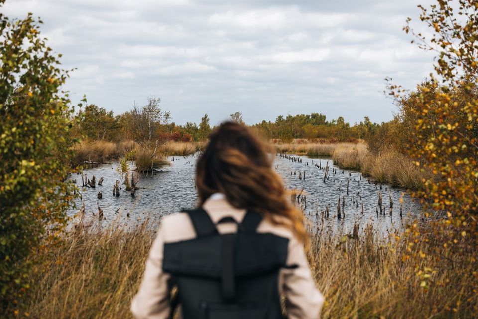 Een vrouw met een rugzak op kijkt uit over een vennetje in het Bargerveen.