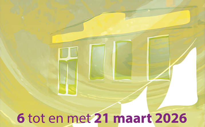 Galerie Kunst Aan De Kade, Galerie Van Slagmaat, Woerden, Groene Hart, illustratieve promotieafbeelding van expositie Kreukels Gladstrijken met gestileerde gevel en datum 6 tot en met 21 maart 2026 in paarse tekst.