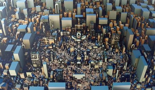 Een schilderij/foto van een bovenaanzicht van een stad