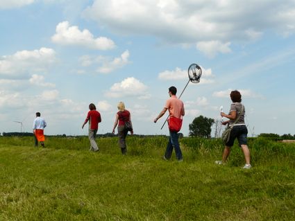 Vijf wandelaars wandelen achter elkaar door het weiland. De vierde wandelaar heeft een schepnet vast.