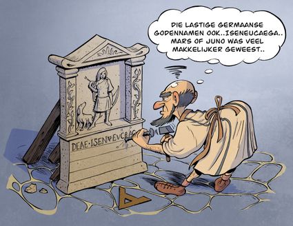 Illustratie van een beeldhouwer die moeite heeft met de lange namen van de Germaanse godinnen