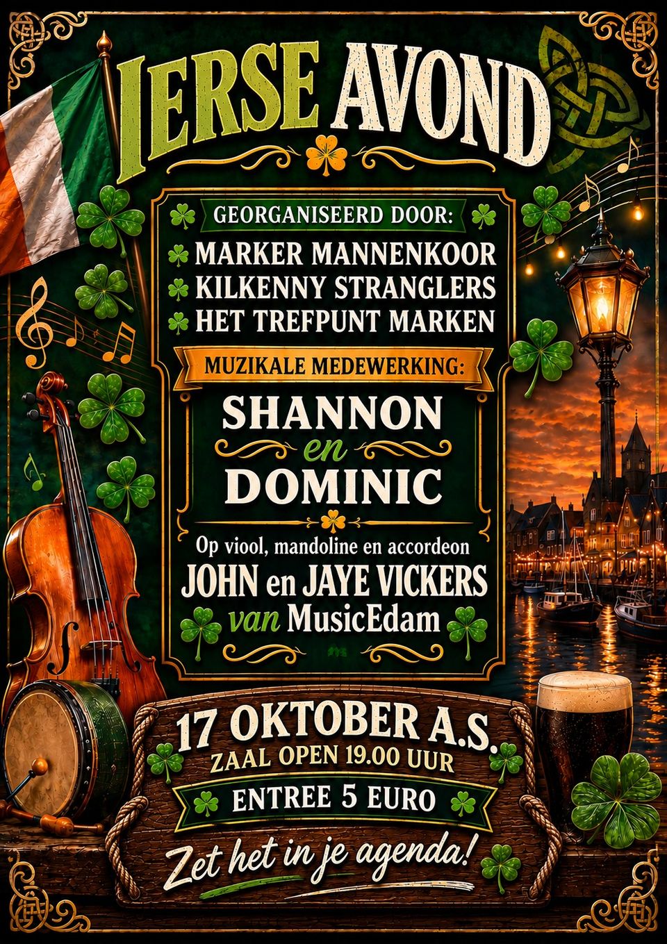Flyer van de Ierse muziek Avond in het dorpshuis