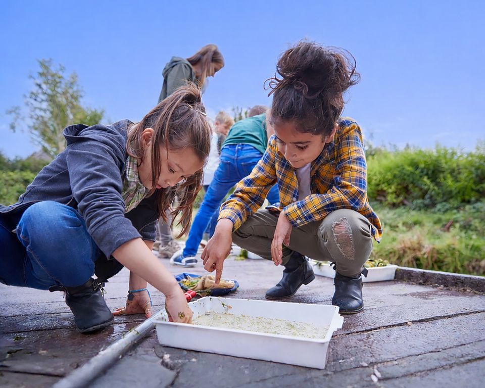 Meisjes doen onderzoek naar waterdiertjes