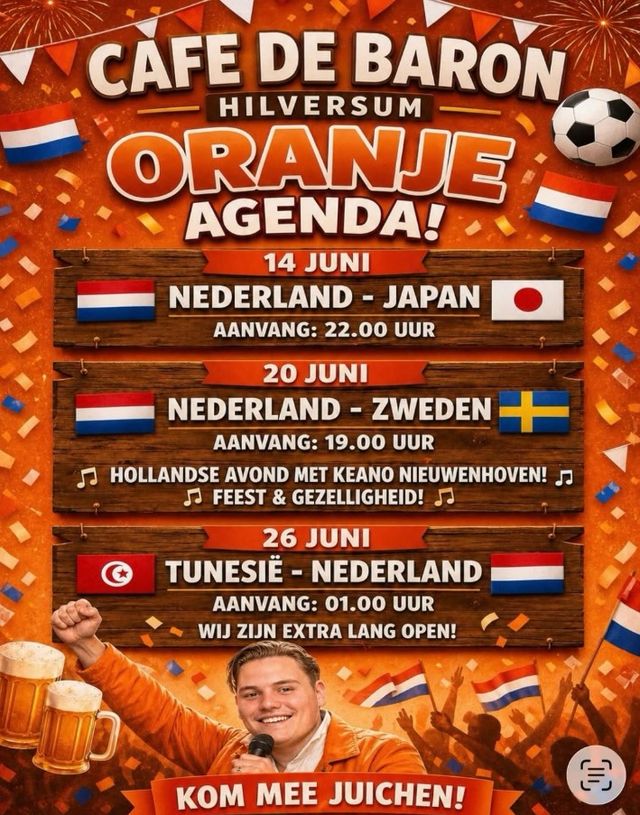 WK Voetbal bij De Baron poster met spelschema en afbeelding Hollandse Avond