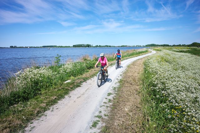 Twee fietsers fietsen op het fietspad van Goingarijp naar Terherne langs de Saltpoel.
