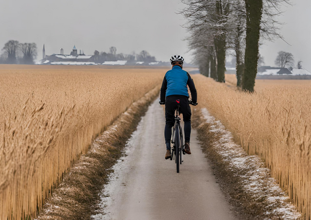 fietsen langs de graanvelden in de winter