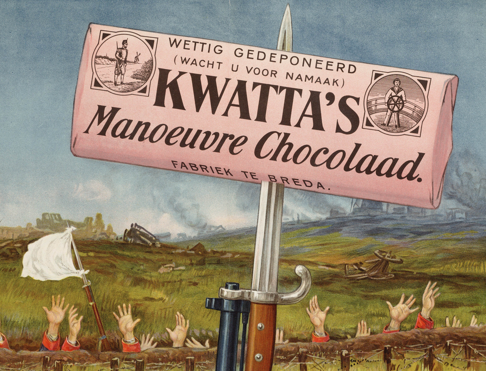 Tekening van chocoladewikkel Kwatta's manoeuvre chocolade