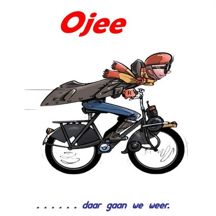 Tekening van een mannetje op een zwarte bromfiets met wapperende sjaal, helm en bril op.