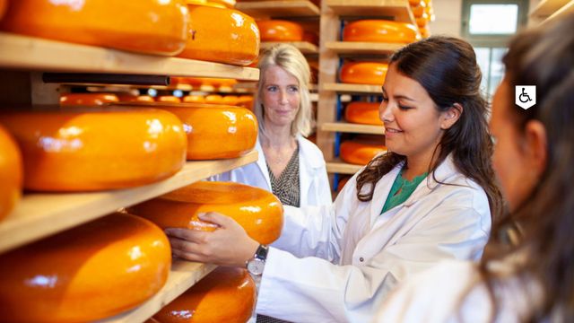 Bezoekers beleven een cheese experience in het kaaspakhuis in Woerden, waar zij tussen rijen rijpende kazen kennismaken met ambachtelijke kaas, Nederlandse kaastraditie en het erfgoed van het Groene Hart.