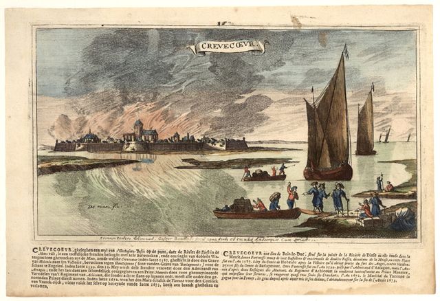 Het door de Fransen in brand gestoken Fort Crèvecoeur in 1673.