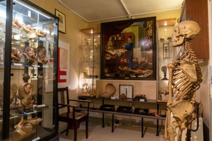 Binnen in het Medisch Museum de Griffioen met zicht op een skelet