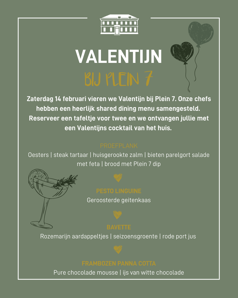 Valentijnsdiner bij restaurant Plein 7 in Woerden, Groene Hart, met een sfeervol shared dining menu voor twee. Op zaterdag 14 februari genieten gasten van, pesto, bavette en frambozen, geserveerd in een warme en romantische setting op Plein 7.
