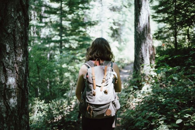 Eine Frau wandert mit einem Rucksack durch die Wälder von Drenthe.