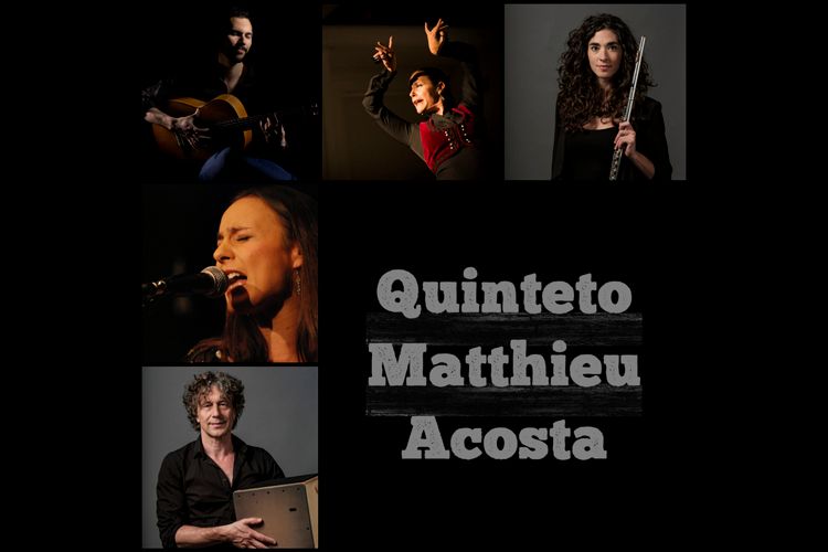 Op een donkere foto staan 5 personen. Van rechts naar links staan foto's van een vrouw met een dwarsfluit in haar handen, een flamenco danseres, een man met een gitaar en daaronder een zangeres en daar onder een man.