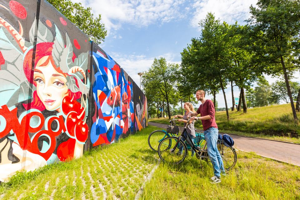 Een foto van 2 fietsers die kijken naar een streetart muur in Eindhoven gemaakt door VisitBrabant