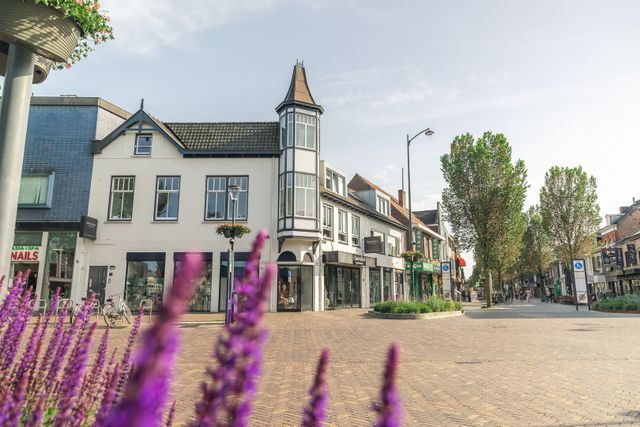 Sfeervol straatbeeld in het centrum van Veenendaal met winkels, groen en karakteristieke bebouwing. De foto geeft een indruk van winkelen en verblijven in de binnenstad.