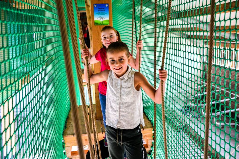Kinderen klimmen binnen boven de koeien.