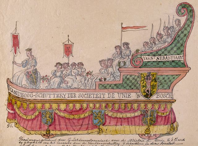 tekening 1842 weegenaar praalwagen handboogschutterij 