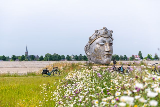 Fietsen bij het bekende kunstwerk Het Gezicht van Nijmegen, met een rand bloeiende bloemen.