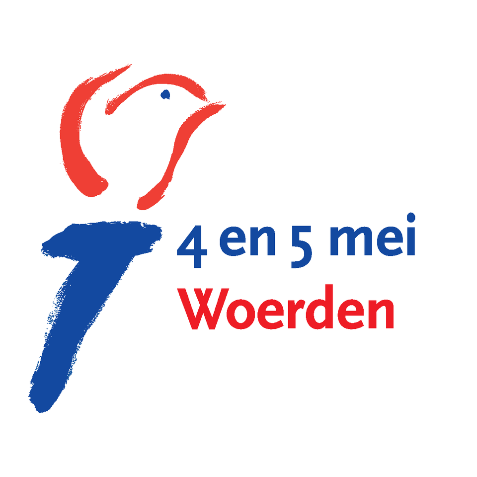 Evenementenlogo 4 en 5 mei Woerden in Woerden, Groene Hart, met gestileerde duif in rood en blauw en typografie die verwijst naar Dodenherdenking en Bevrijdingsdag.