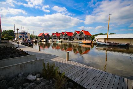 4 rode huisjes aan het water met bootjes aan de kant in Teherne