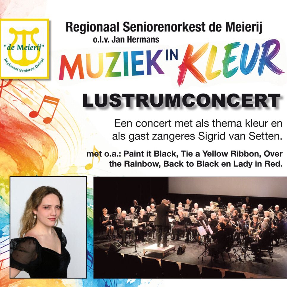 Kleurrijk affiche met twee foto's van het orkest en van de gastmuzikante, kleurrijke letters met de informatie over het concert.