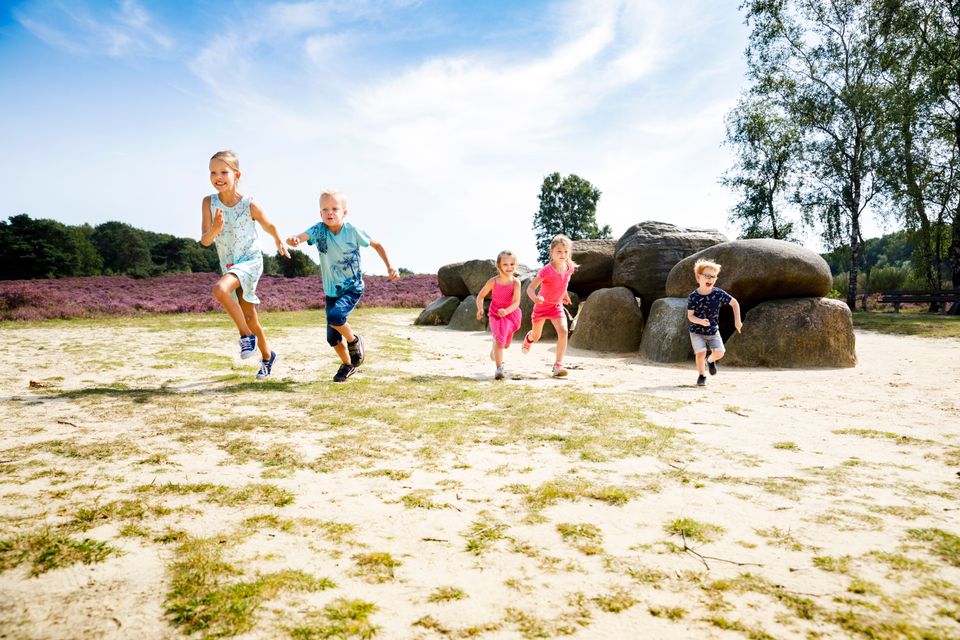Kinderen rennen weg van het hunebed in Havelte.