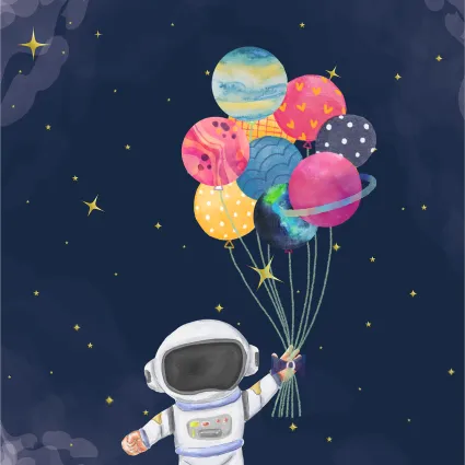Astronaut met ballonnen