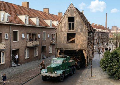 Een houten huis en een auto