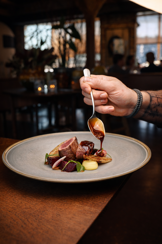 Een hoofdgerecht dat met saus wordt besprenkelt in restaurant Voltaire