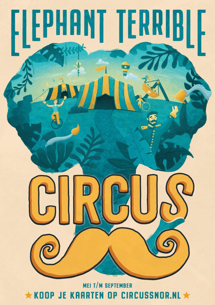 Affiche van de voorstelling in de kleuren blauw en geel met op de voorgrond het woord circus en daaronder een grote snor en op de achtergrond is een circustent getekend met circusfiguren.