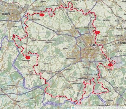Afbeelding van een stukje landkaart met in het rood de route van het Brabants Vennenpad.