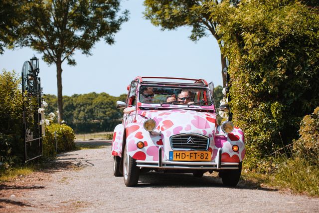 Foto met roze en wit kleurig eendje auto van vroeger. 2 mensen in de auto die rijden door een poort met veel natuur op de achtergrond